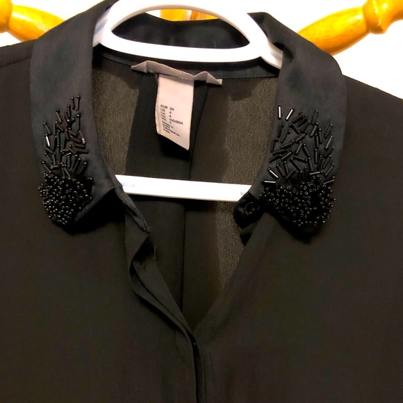 Black button down shirt, beautiful embellished beaded collar, pleat in back, 4 - Picture 3 of 6